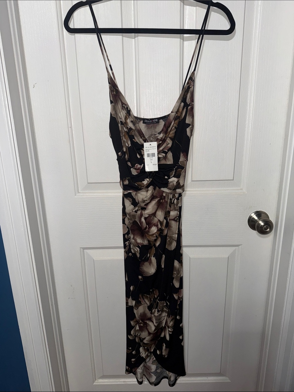 Fashion Nova Black Midi Slip Dress with Taupe Floral Print